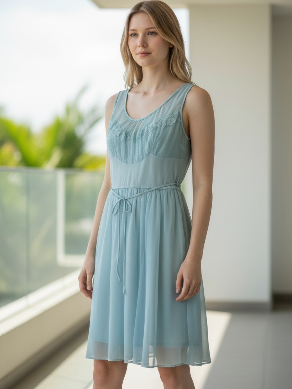 Vintage Shadowline nightgown 32 Small chiffon belted layers 1950s blue-green.